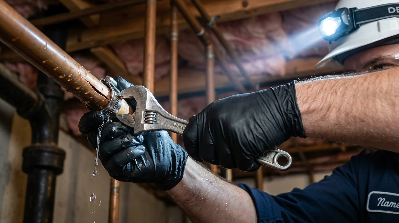 Emergency pipe clamp repair being performed by a Johns Plumbing LLC plumber in Cooper